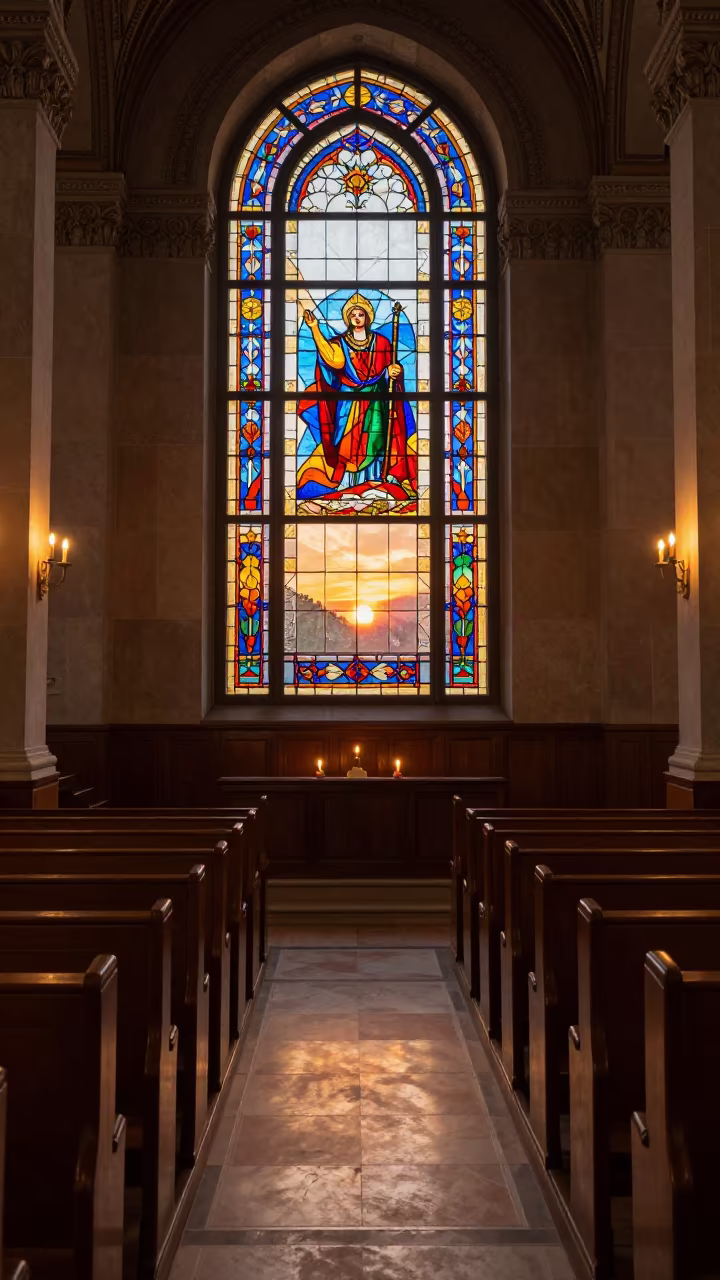 Sunset Light Through Stained Glass in Skopje Synagogue in inside a synagogue sanctuary in Skopje
