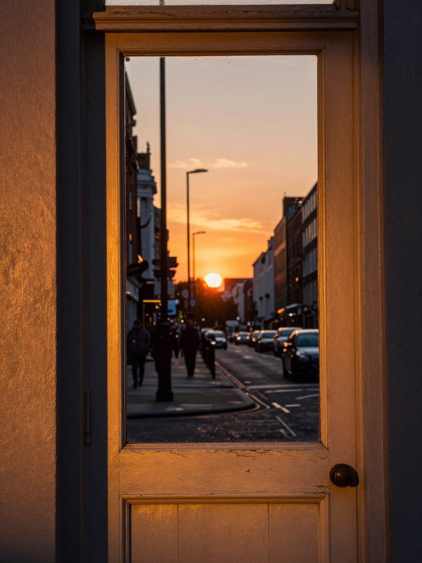 Sunset Light Stripes Across Dublin Doorframe and Street Scene in in Dublin, Ireland