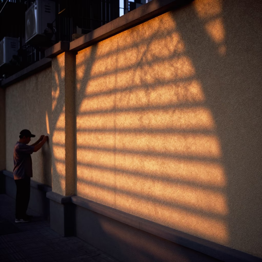 Sunset Light Stripes Across Plaster Wall in Shanghai China Street Scene in in Shanghai, China