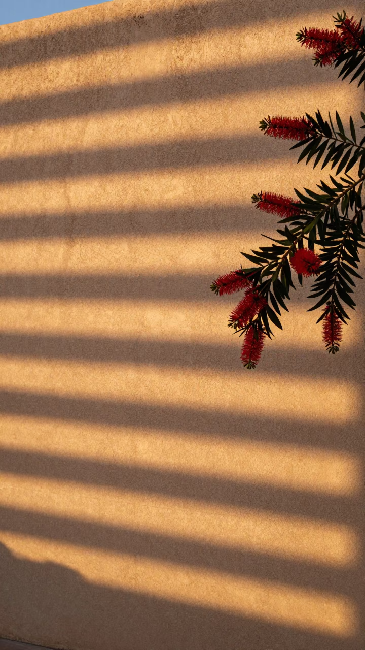 Sunset Light Stripes on Muscat Wall with Bottle Brush and Local Street Scene in in Muscat, Oman