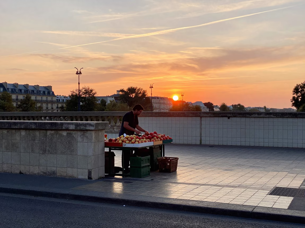 Sunset light stripes on Parisian tile near bridge pier with fruit vendor in in Paris, France