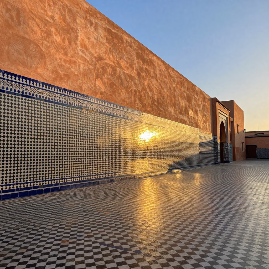 Sunset light stripes on traditional zellige tiles in Marrakech Morocco street scene in in Marrakech, Morocco