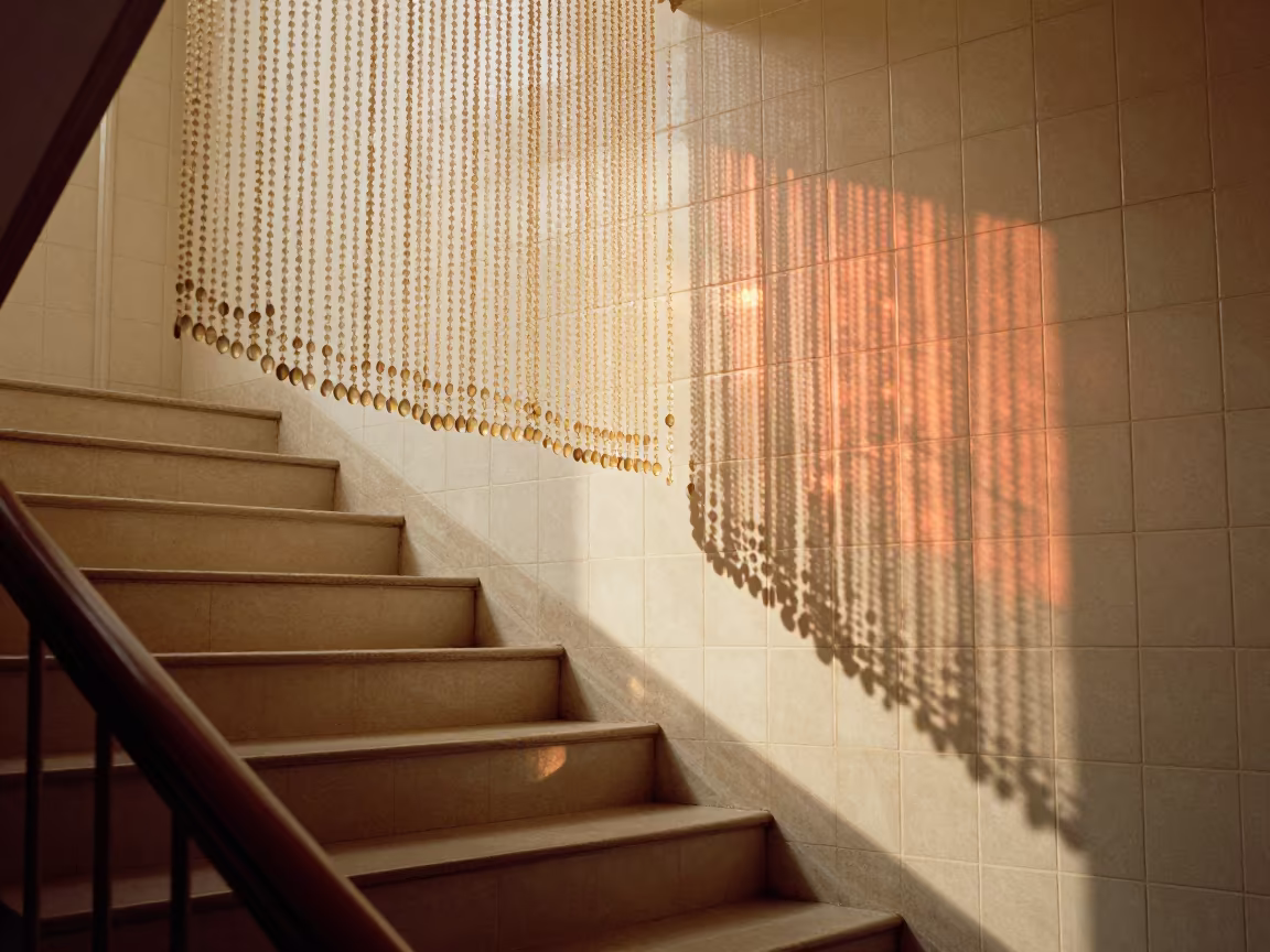 Sunset Light Through Glass Bead Curtain Stair Hall in inside a tiled stair hall near Mary