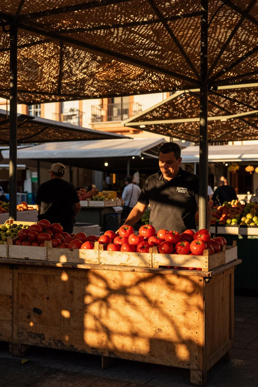 Sunset Light Through Woven Cane at Madrid Plaza Mayor Market Stall in in Madrid, Spain