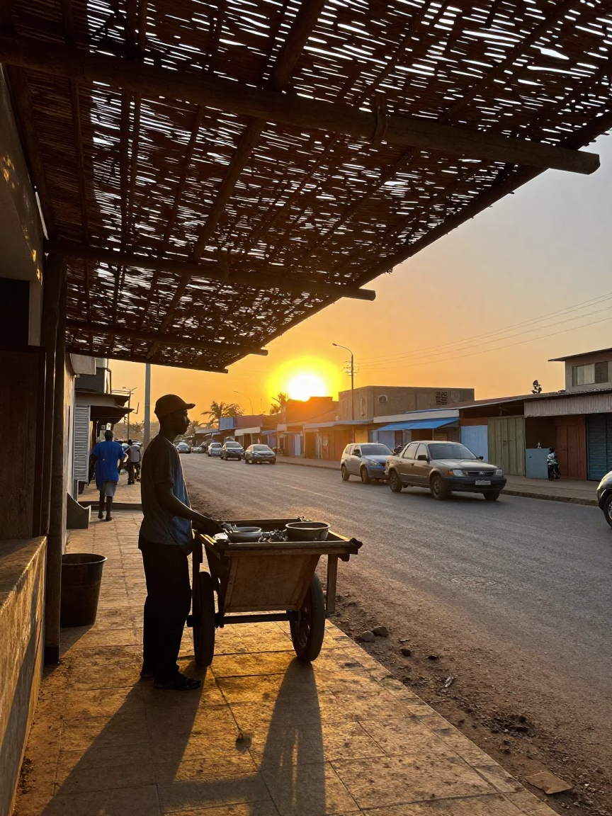 Sunset light through woven cane shading a Dakar Senegal street vendor in in Dakar, Senegal