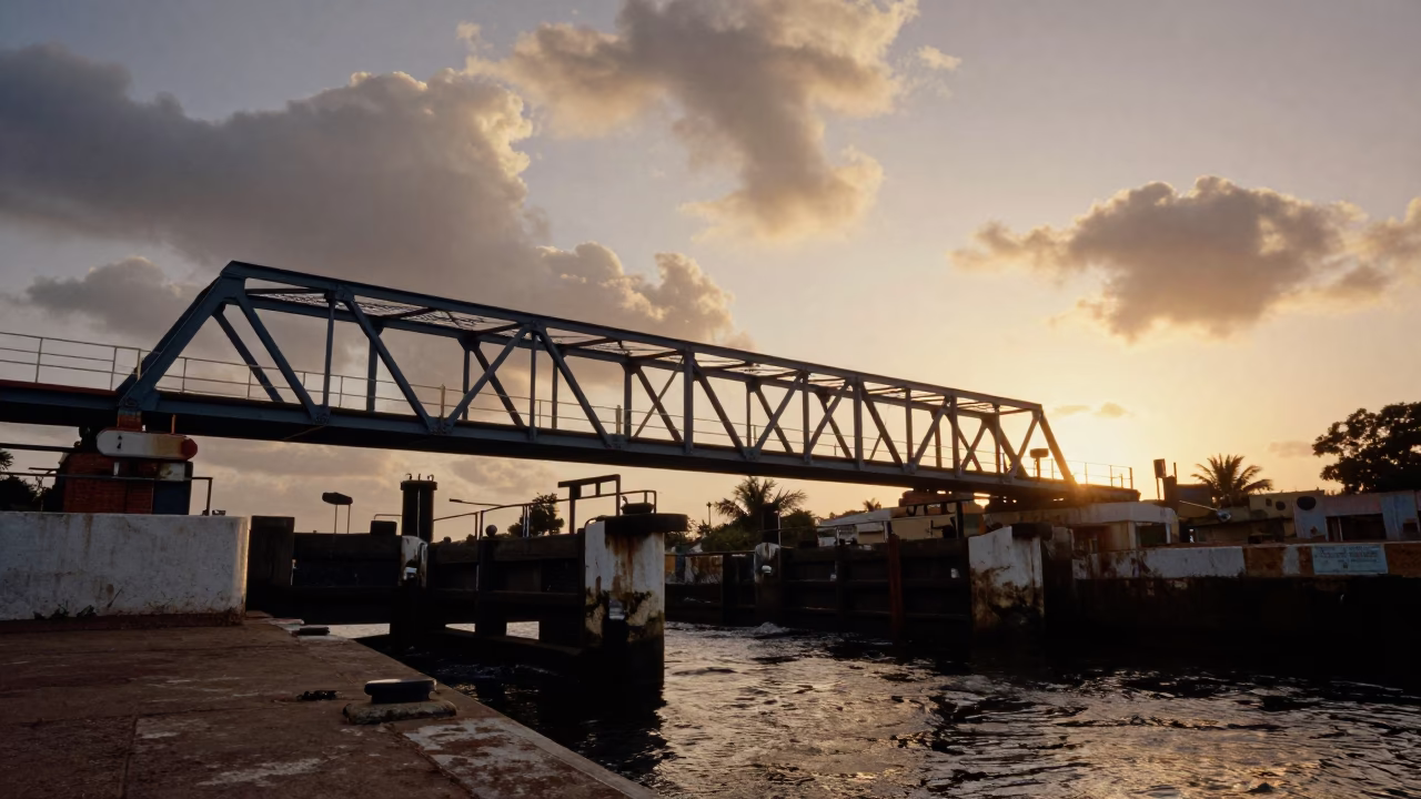 Sunset Lock Footbridge Over Black Water in at a canal lock chamber in Senegal
