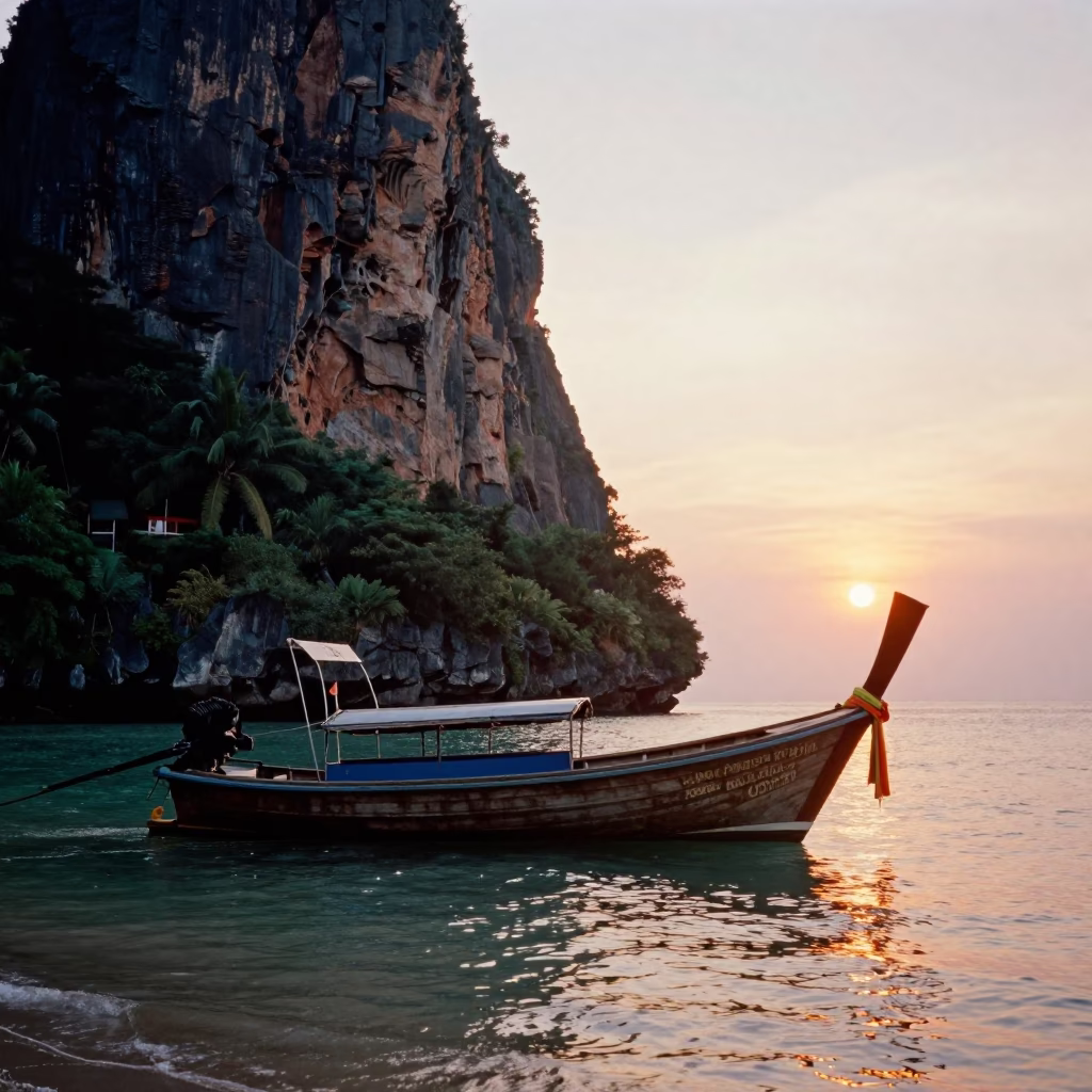 Sunset Longtail Boat Anchored Near Limestone Karst Cliff in Phuket Thailand in in Phuket, Thailand