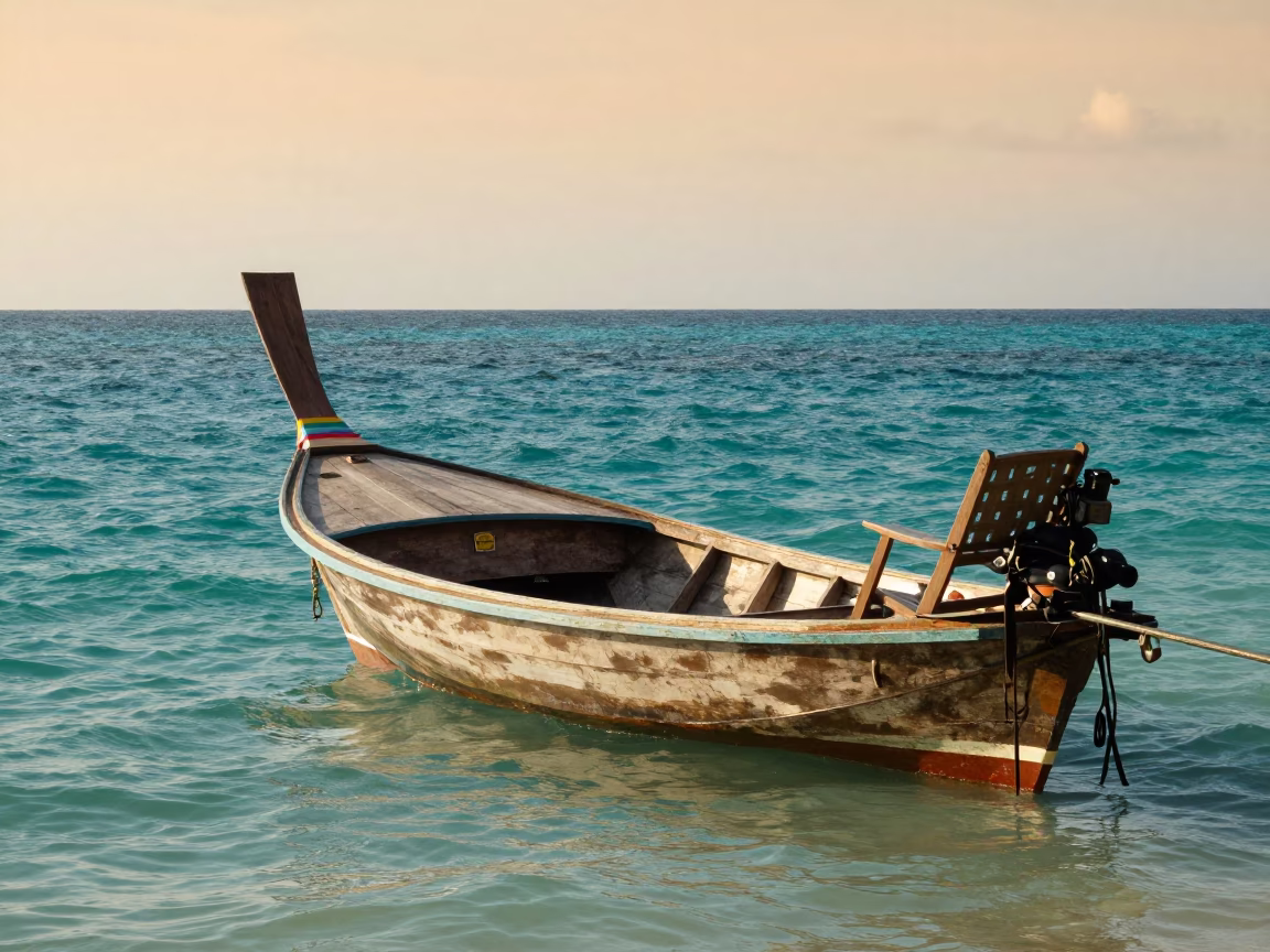 Sunset Longtail Boat in Phuket Lagoon with Wooden Tray and Folding Chair in in Phuket, Thailand
