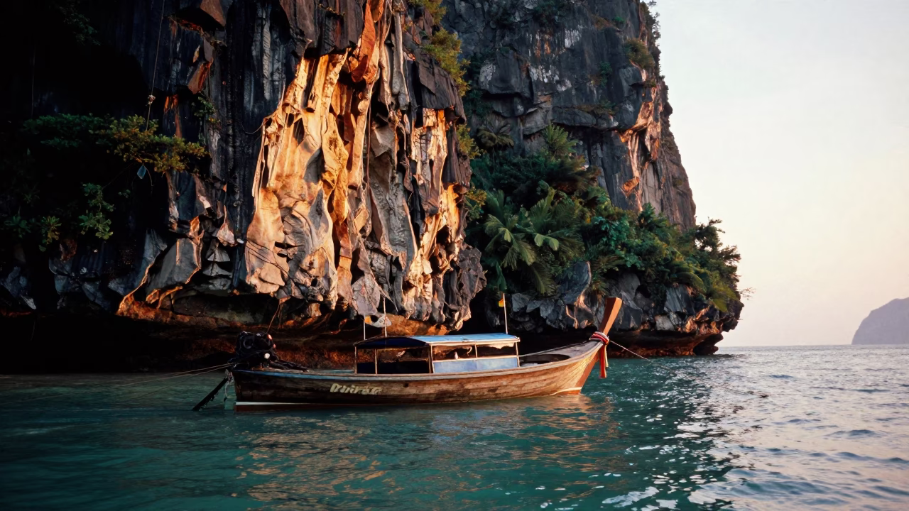 Sunset Longtail Boat Moored Near Limestone Cliff in Phuket Thailand in in Phuket, Thailand