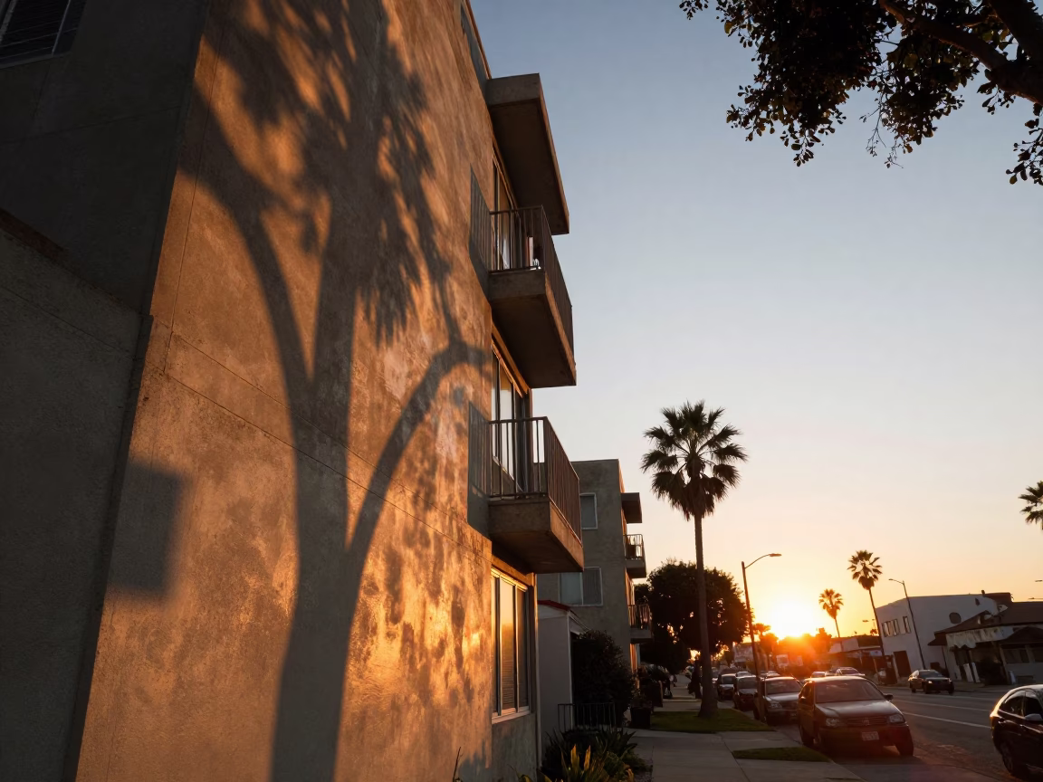 Sunset Los Angeles Street Scene with Leaf Shadows and Concrete Apartment Blocks in in Los Angeles, California, United States