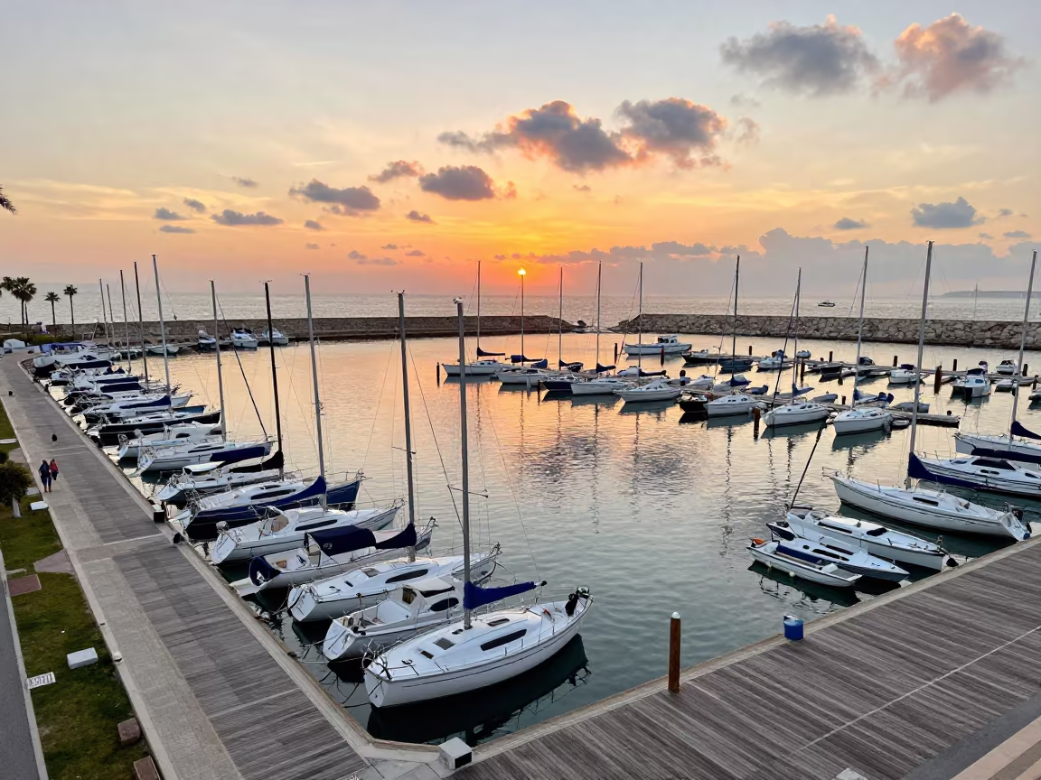 Sunset Marina View Barcelona Harbor Boats in on a wind-open causeway near Barcelona
