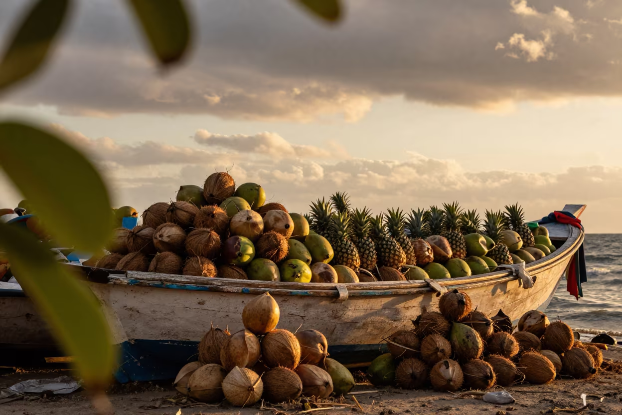 Sunset Market Boat with Coconuts and Pineapples in at a market stall in Ortahisar