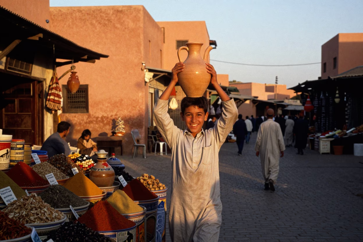 Sunset Market Scene in Marrakech Morocco with Spices and Water Jug in in Marrakech, Morocco