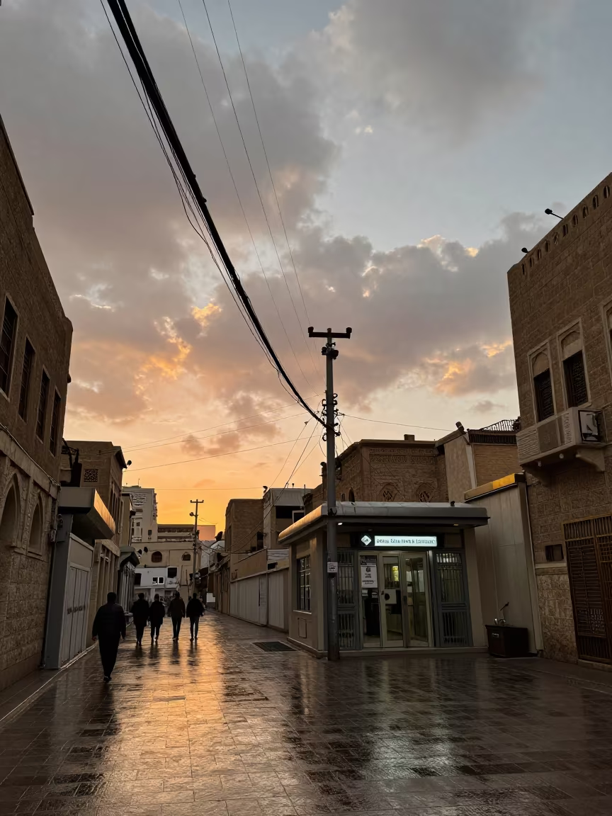 Sunset Over Mecca Metro Street Power Lines in outside a metro entrance in Mecca