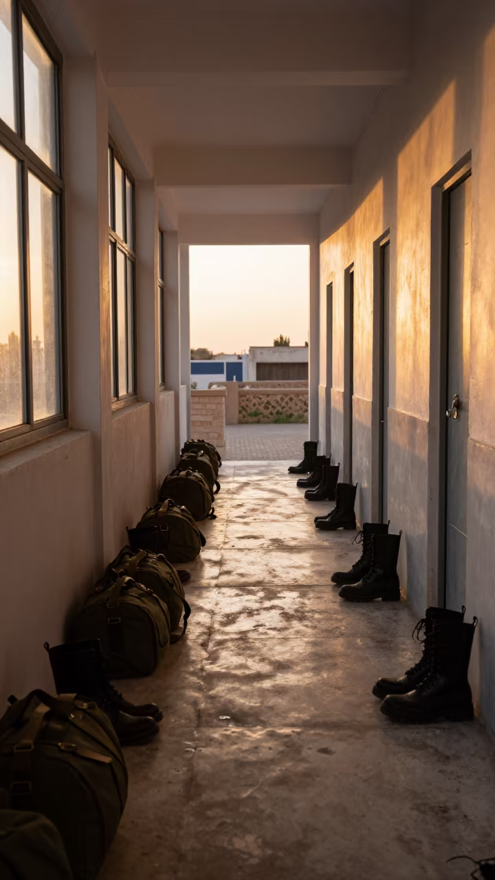 Sunlit Military Barracks Corridor with Boots in inside a command post in Safi