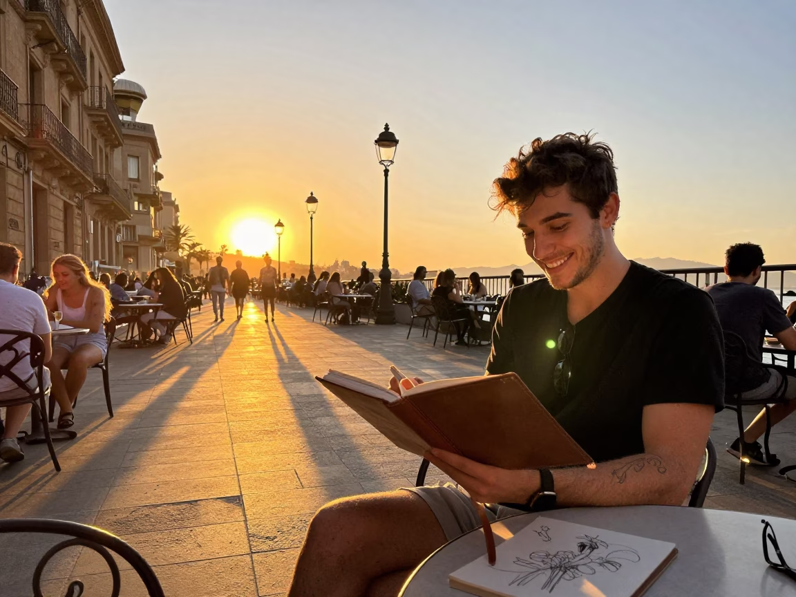 Sunset Moment in Barcelona at Sunset Light in in Barcelona, Spain