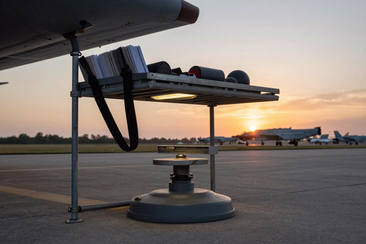 Sunset Motor Pool Drip Pan Nesting Rack in along an airbase flight line in Bahia