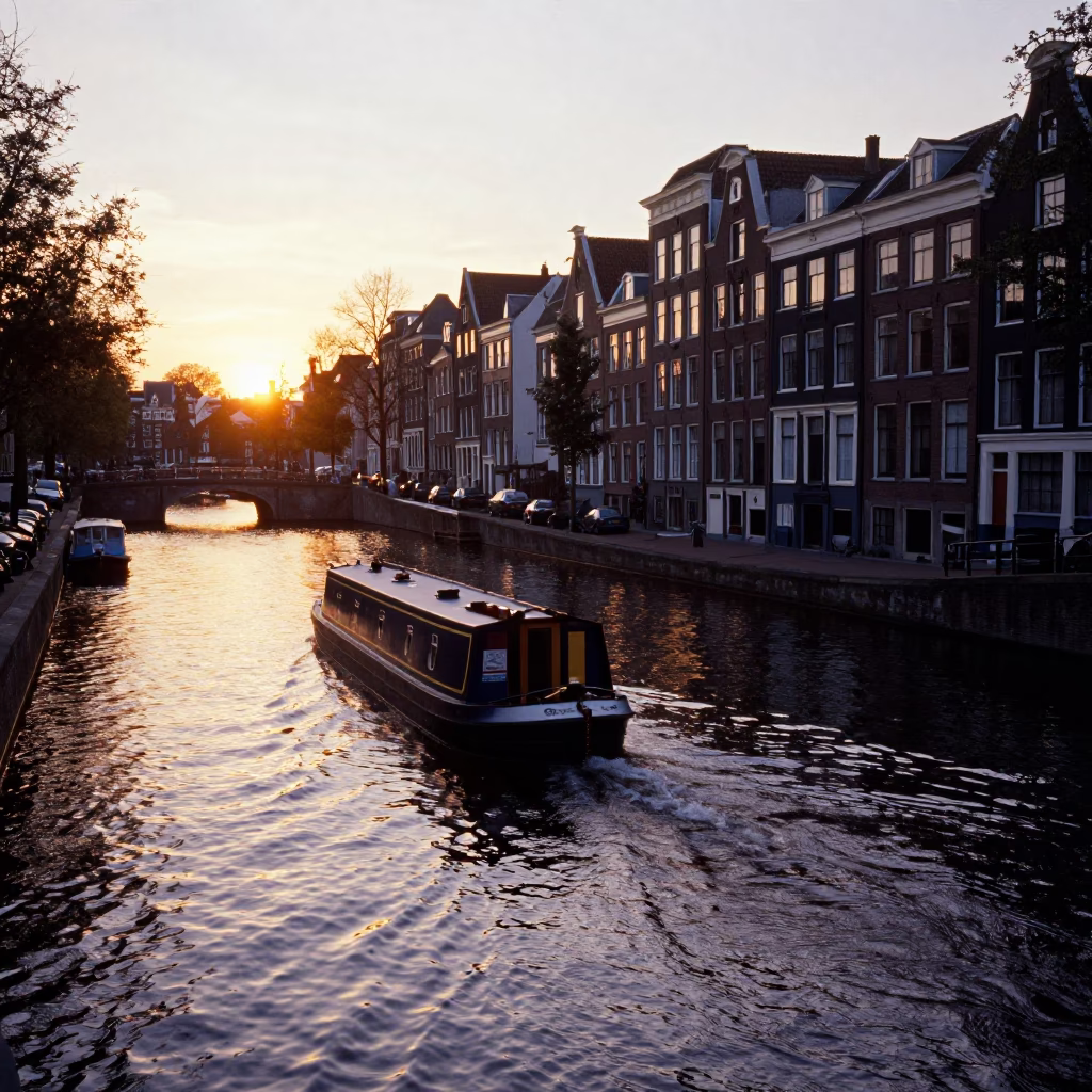 Sunset on Amsterdam Canal with Narrowboat and Traditional Architecture in in Amsterdam, Netherlands
