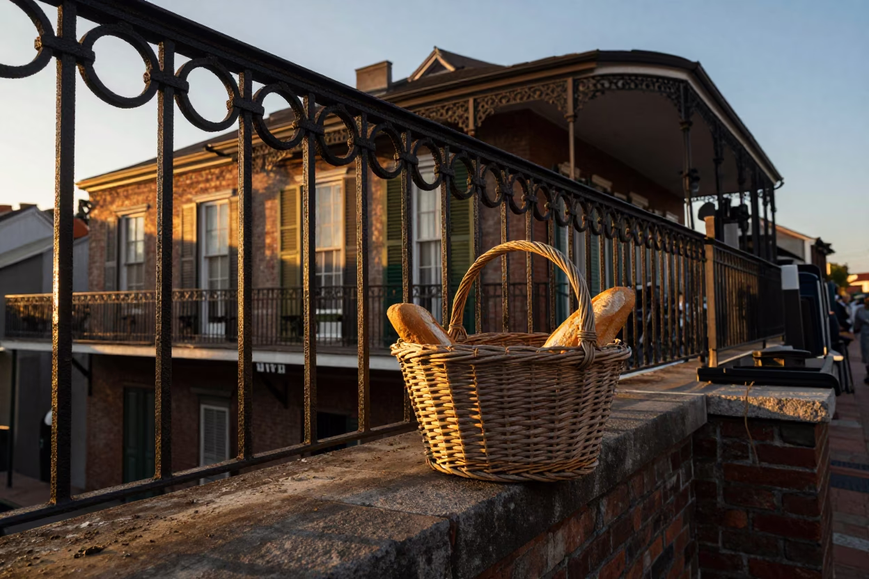 Sunset on French Quarter Balcony with Wicker Basket and Rustic Pulley Details in in New Orleans, Louisiana, United States