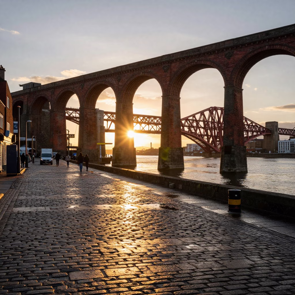 Sunset on Liverpool Docks with Railway Viaduct and Busy Market Scene in in Liverpool, United Kingdom