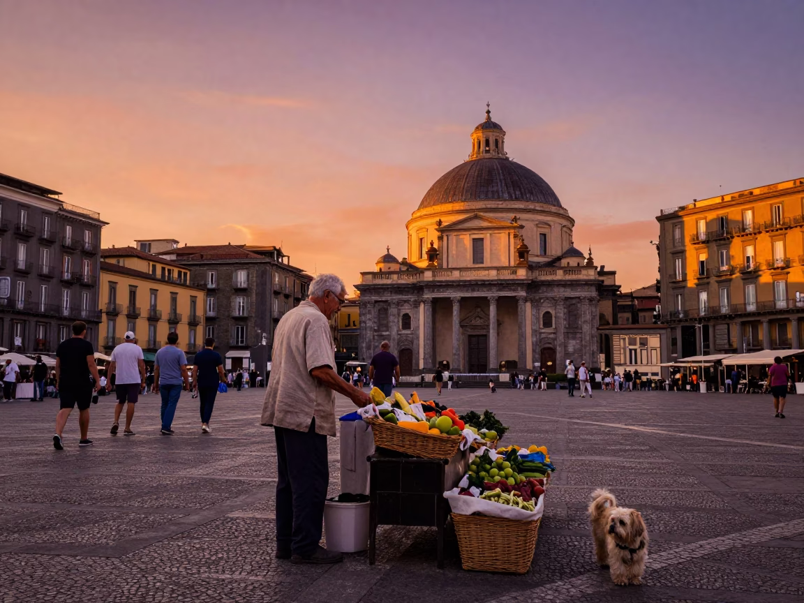 Sunset on Naples Piazza with Havanese Dog and Street Vendor in in Naples, Italy