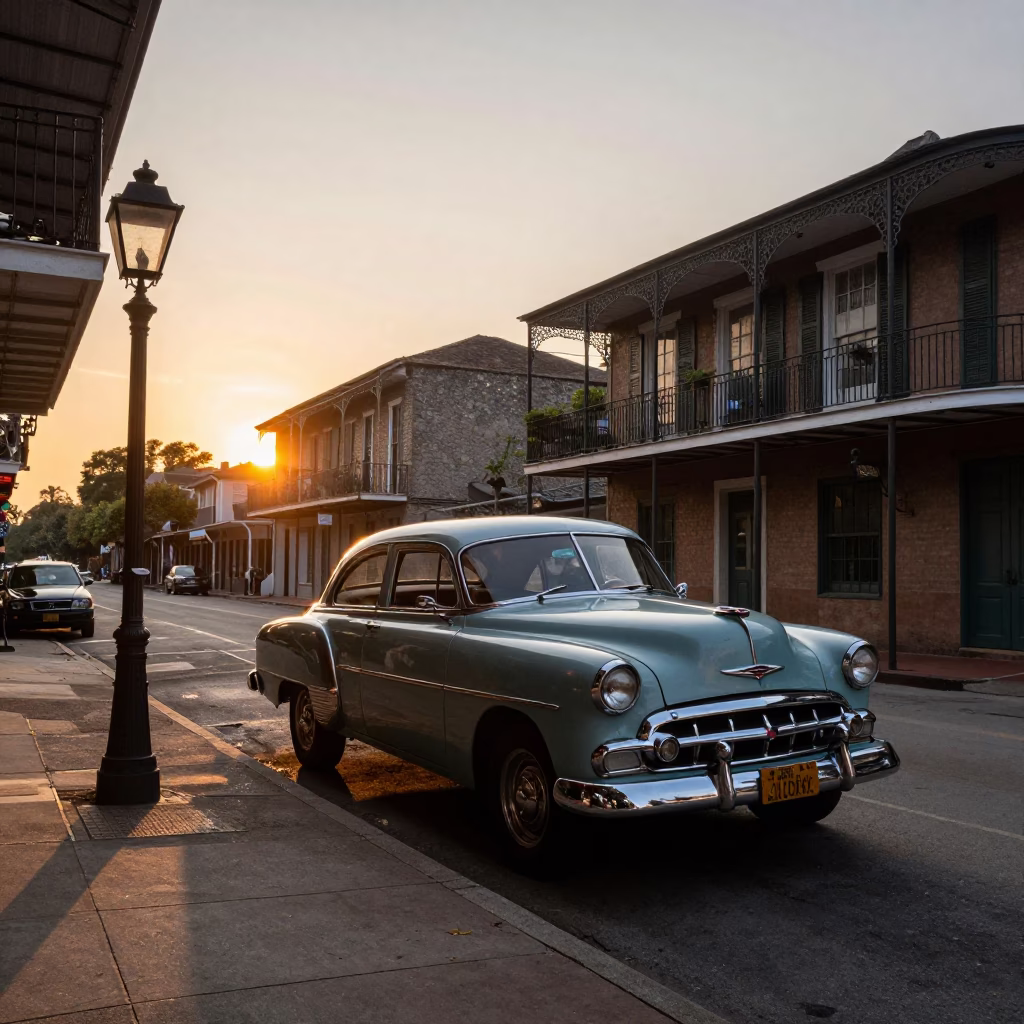 Sunset on New Orleans Street with Vintage Car and Iron Balcony Architecture in in New Orleans, Louisiana, United States