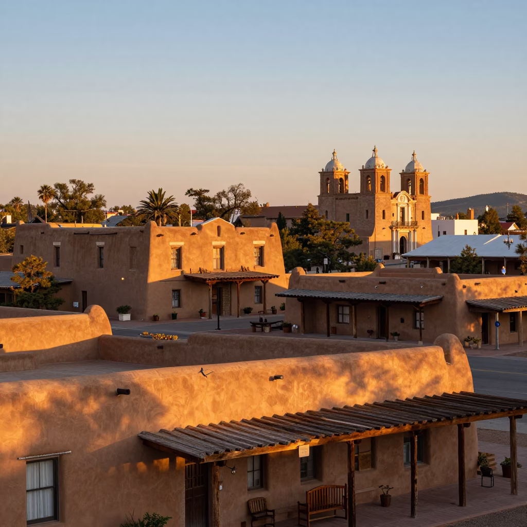 Sunset on Santa Fe Plaza with Adobe Walls and Wooden Boot Scraper in in Santa Fe, New Mexico, United States