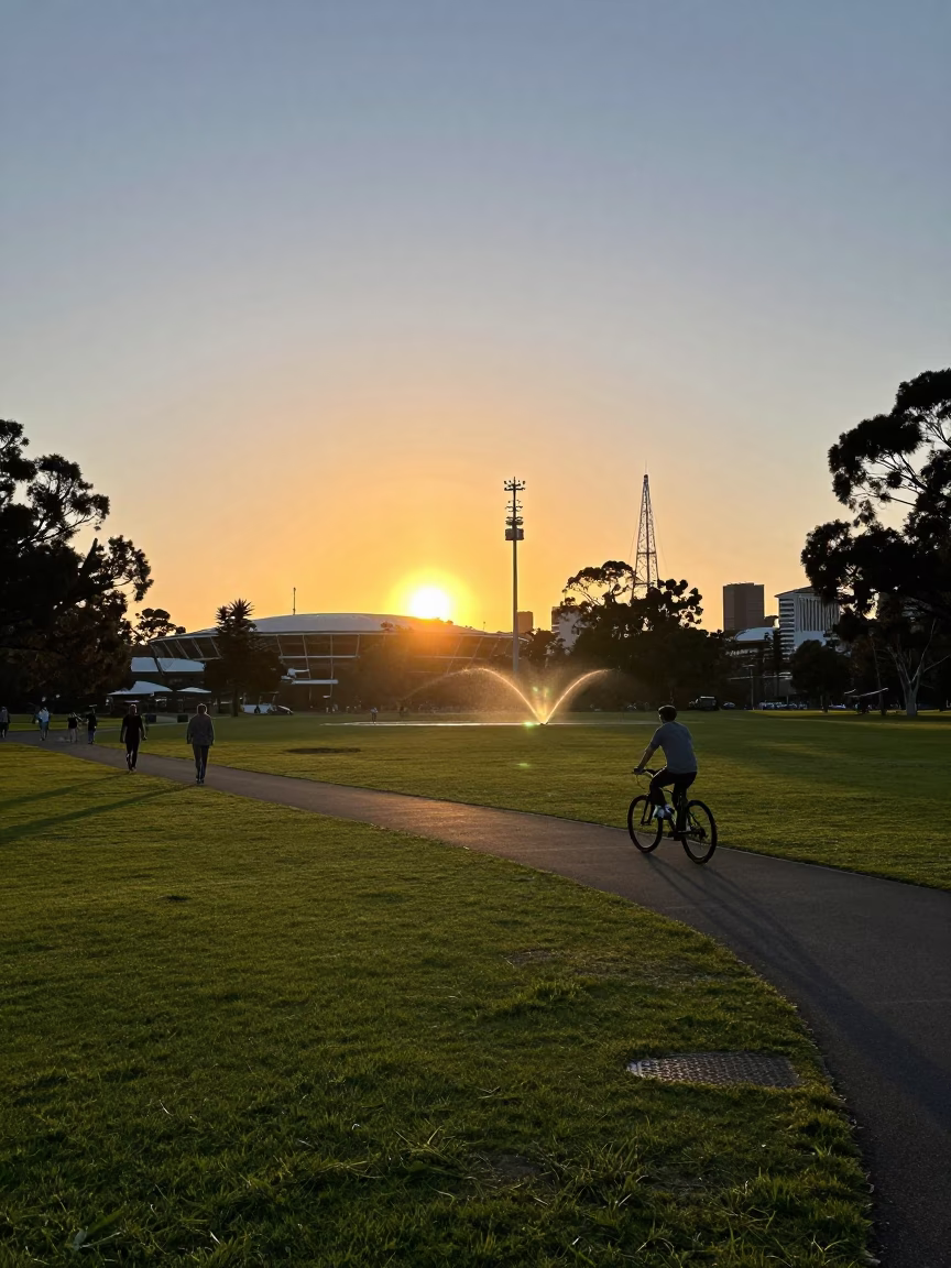 Sunset Over Adelaide Park Lands With Pedestrians and Watering Bottle in in Adelaide, South Australia, Australia