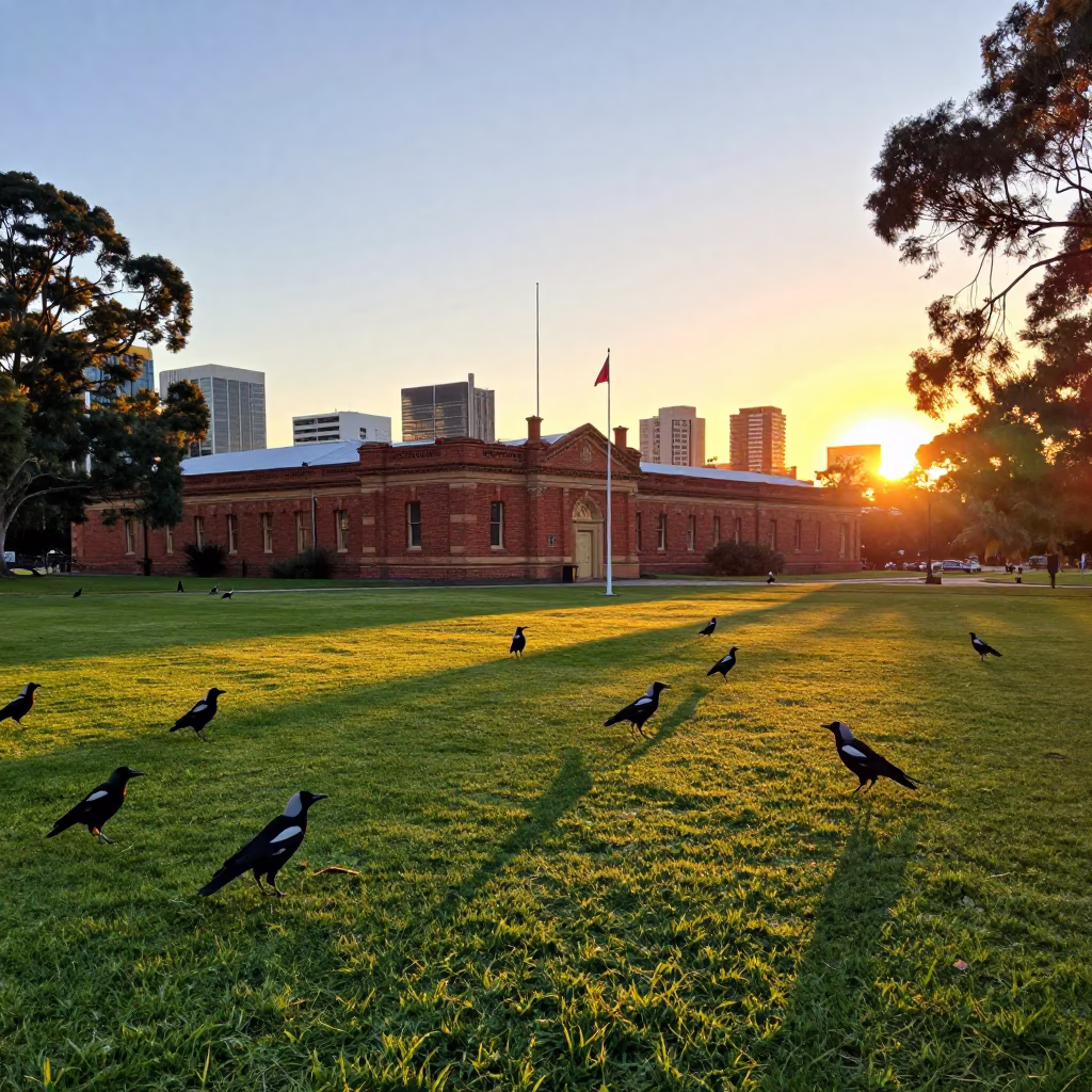 Sunset over Adelaide Parklands with Native Birds and Urban Skyline in in Adelaide, South Australia, Australia