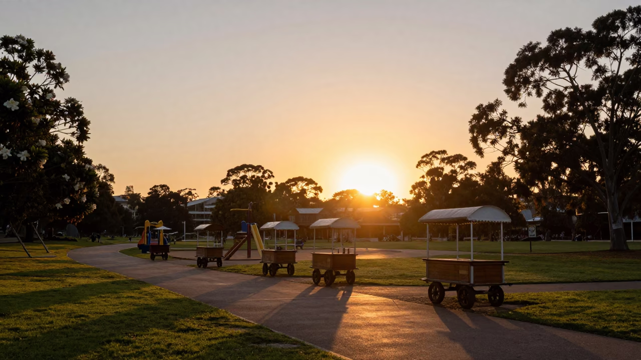 Sunset over Adelaide Parklands with Rolling Carts and Gardenia Bushes in in Adelaide, South Australia, Australia