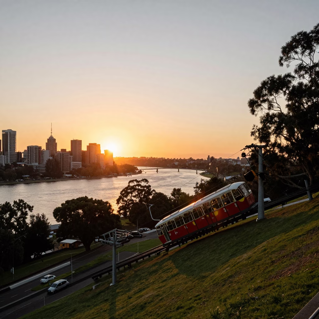 Sunset Over Adelaide River With Funicular Climbing Hill And Cherries In Hand in in Adelaide, South Australia, Australia