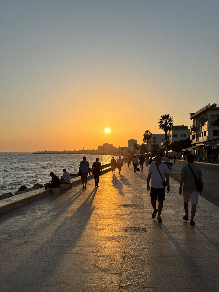 Sunset over Alexandria Egypt Mediterranean coastline street scene with local life in in Alexandria, Egypt