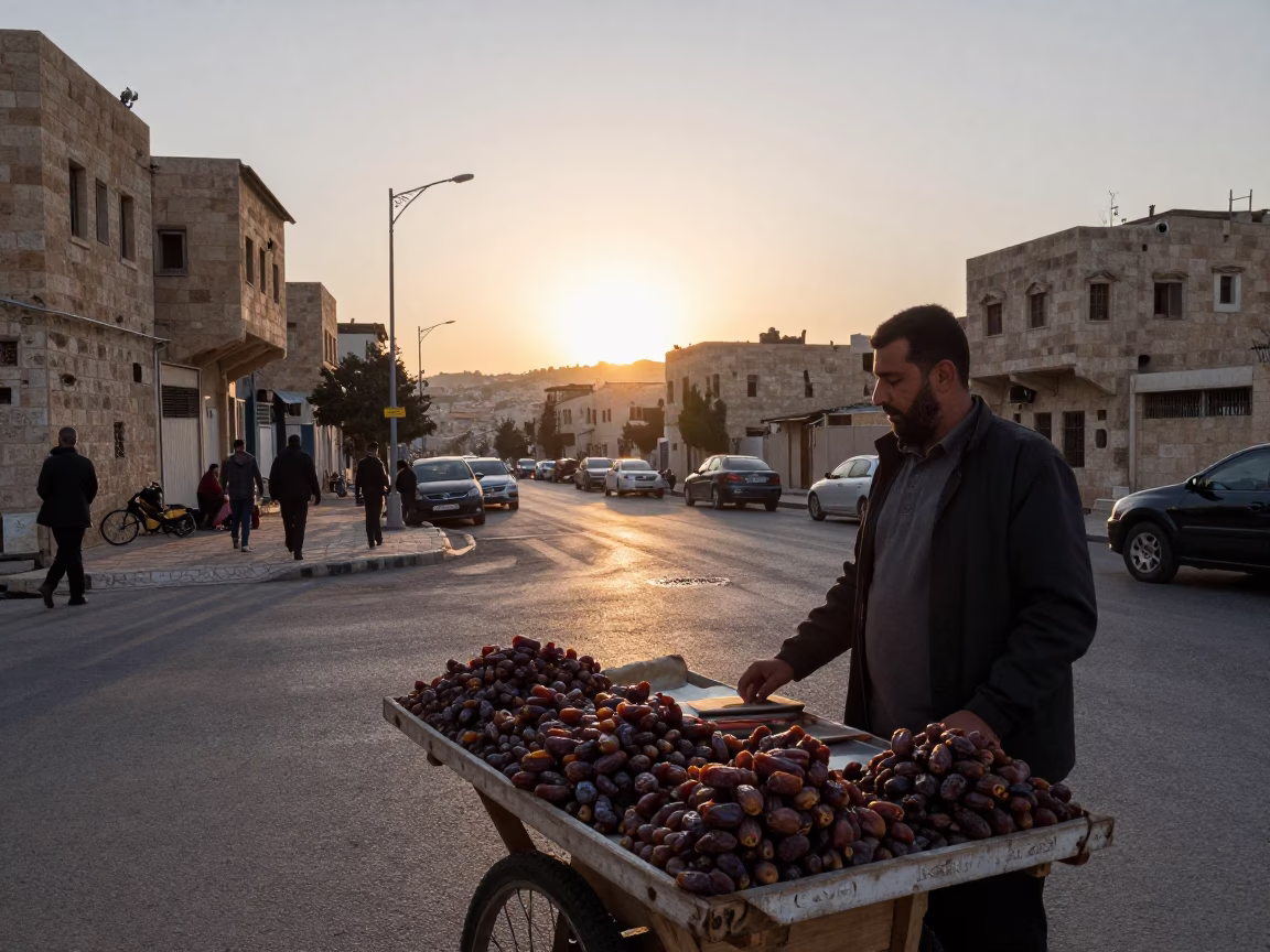 Sunset Over Amman Jordan Street Scene with Local Vendor and Traditional Dates in in Amman, Jordan