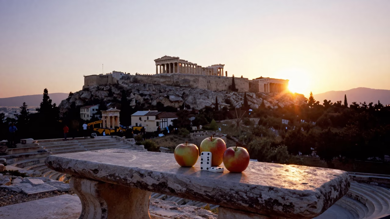 Sunset over Athens Acropolis with Apples and Dominoes on Stone Bench in in Athens, Greece