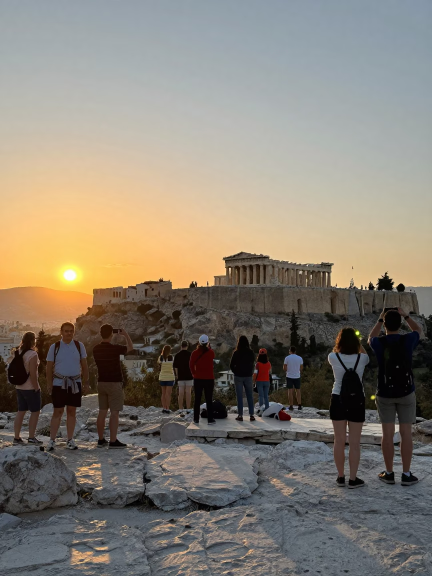 Sunset over Athens Acropolis with Tourists and Classical Greek Architecture in in Athens, Greece