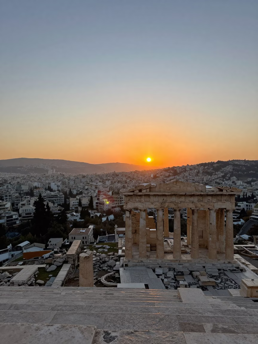 Sunset over Athens Greece with Ancient Ruins and City Skyline in in Athens, Greece