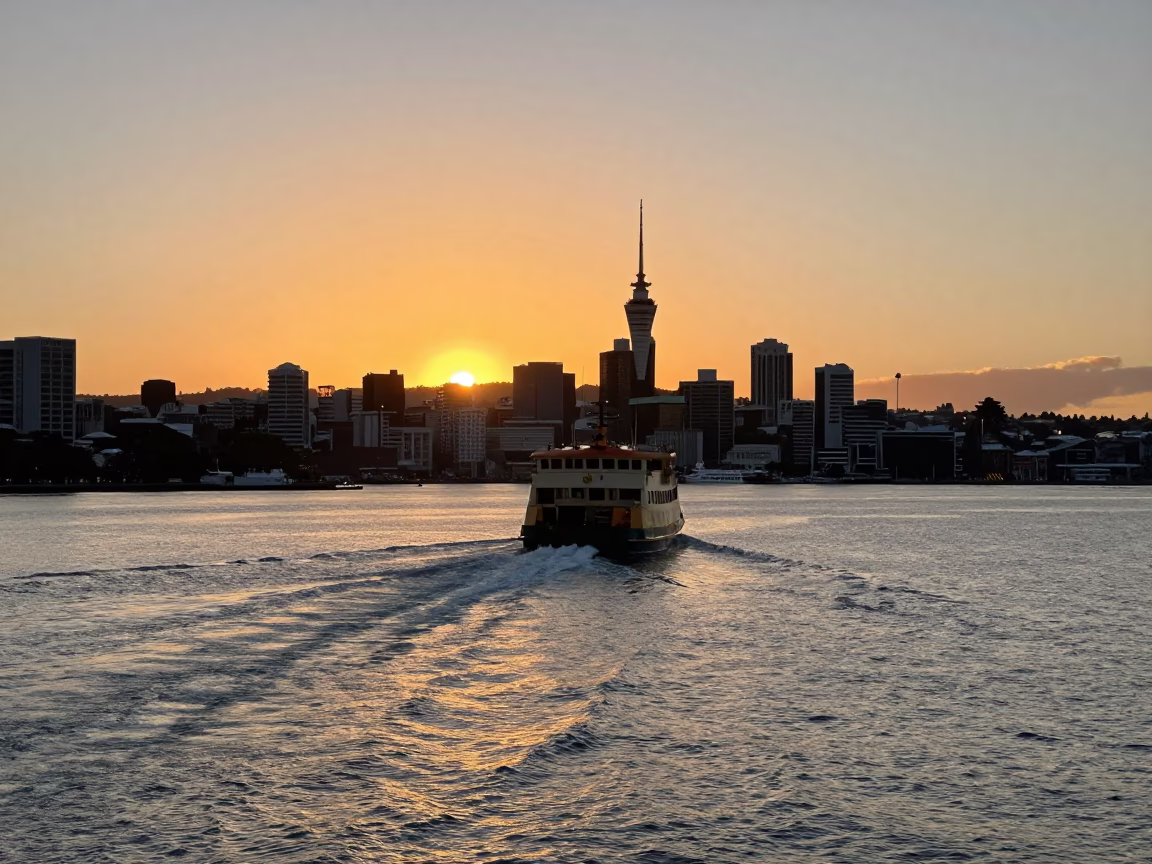 Sunset over Auckland Harbour with Ferry Departing Against Mountain Backdrop in in Auckland, New Zealand