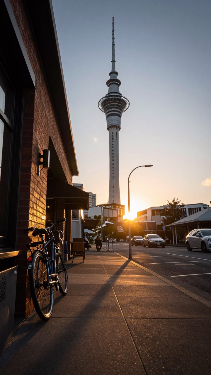 Sunset Over Auckland Sky Tower With Bicycle Leaning Against Cafe Sidewalk in in Auckland, New Zealand