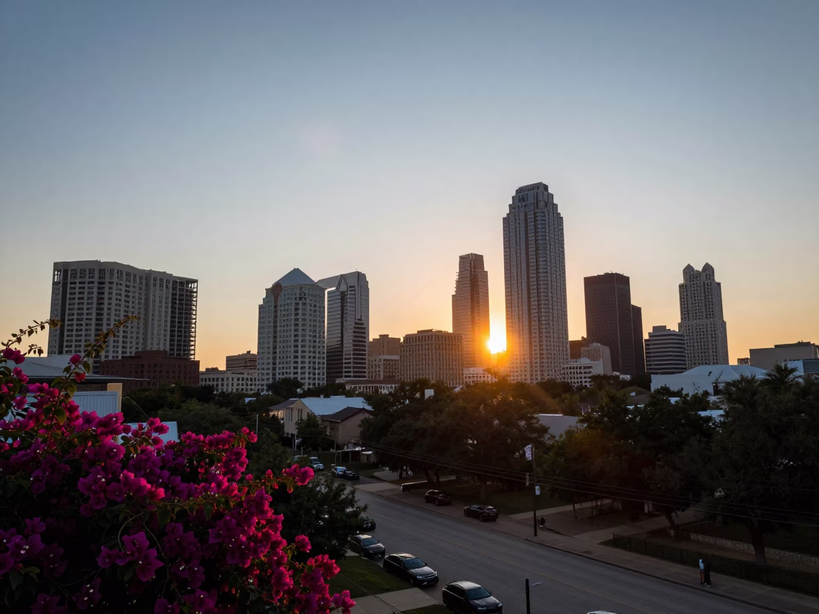 Sunset over Austin Texas Skyline with Bougainvillea and Local Street Life in in Austin, Texas, United States