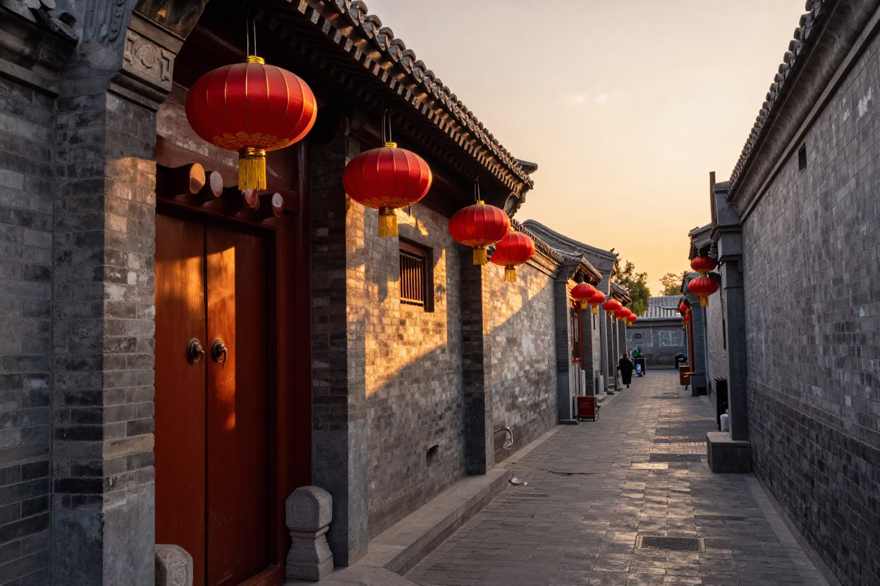 Sunset over Beijing Hutong Alley with Red Lanterns and Traditional Architecture in in Beijing, China