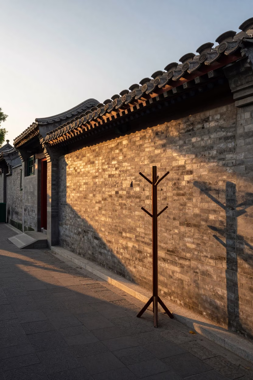 Sunset Over Beijing Hutong Courtyard with Coat Stand and Shoebox in in Beijing, China