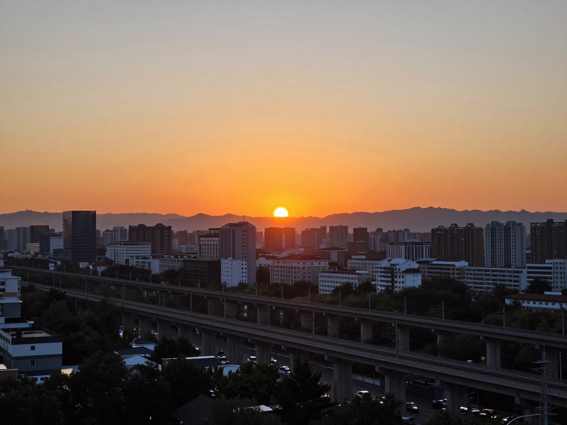 Sunset over Beijing Urban Landscape with Railway Viaduct and Steam Train Arches in in Beijing, China