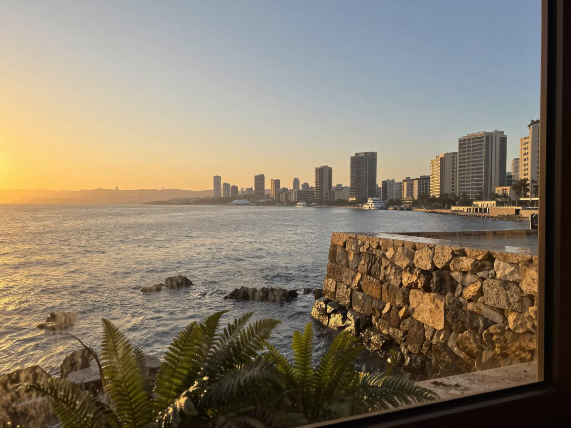 Sunset Over Beirut Harbor With Condensation On Glass And Stone Architecture in in Beirut, Lebanon