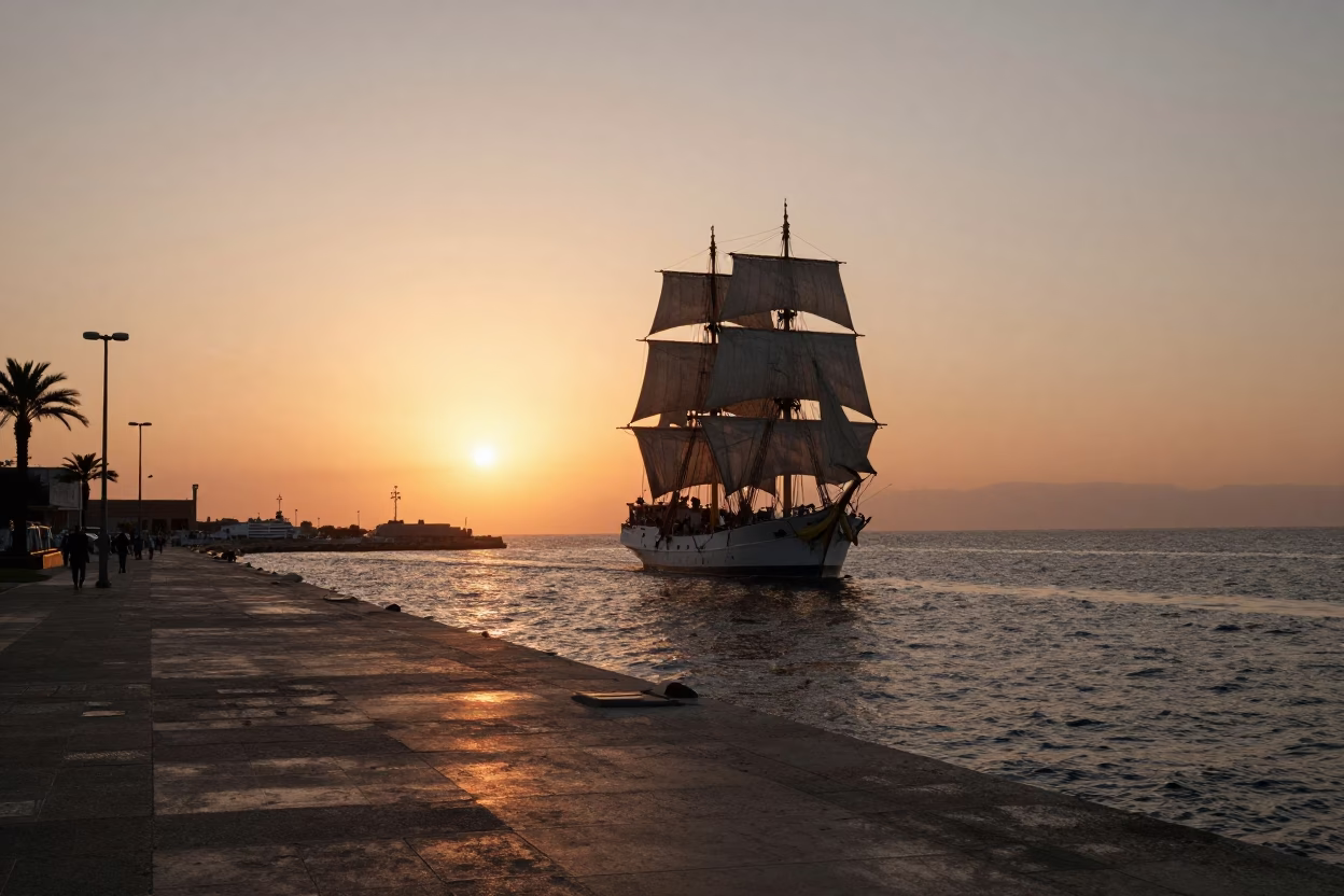 Sunset Over Beirut Port With Tall Ship Canvas And Concrete Waterfront in in Beirut, Lebanon