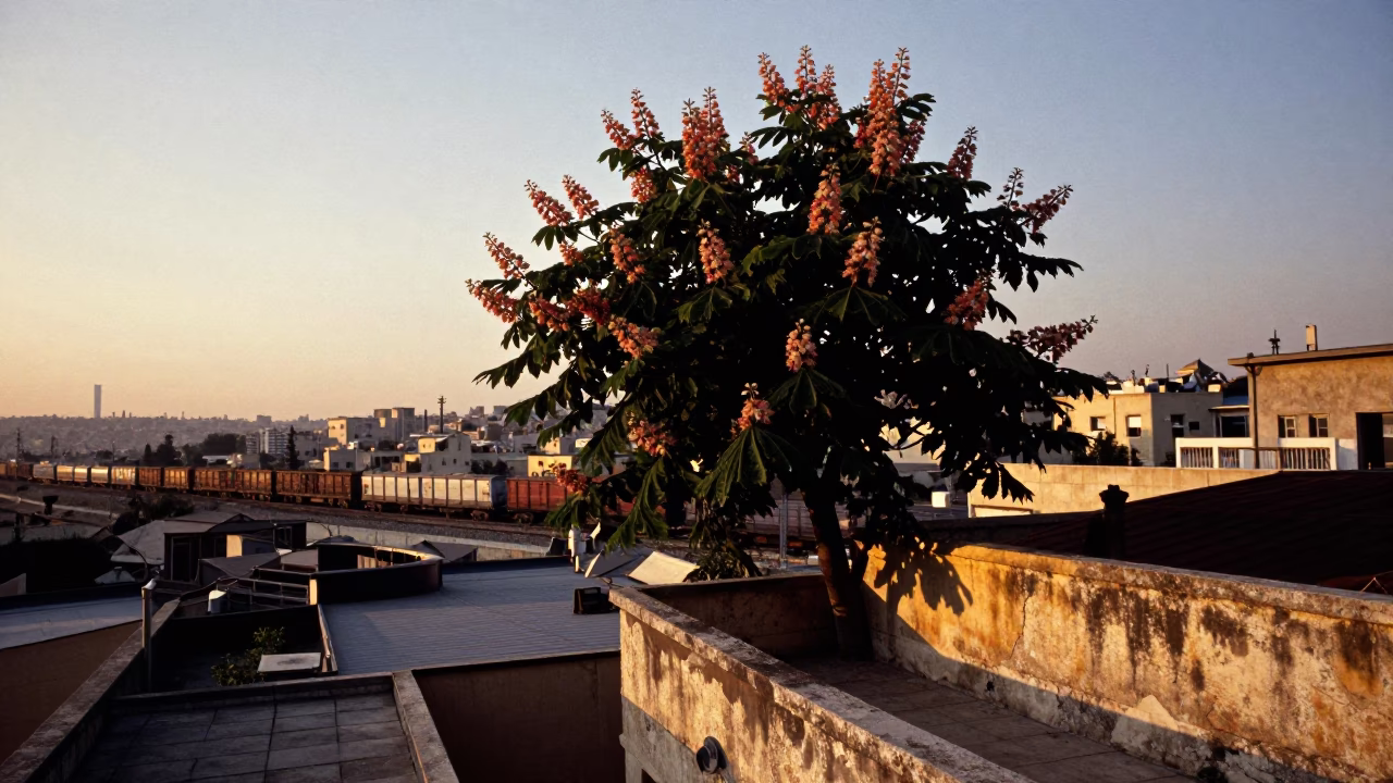 Sunset over Beirut rooftop with chestnut tree and industrial rail view in in Beirut, Lebanon
