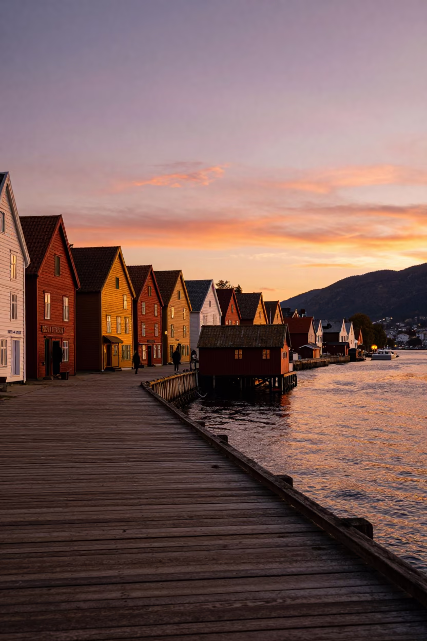 Sunset over Bergen Norway Fjord View with Wooden Wharf and Traditional Boats in in Bergen, Norway