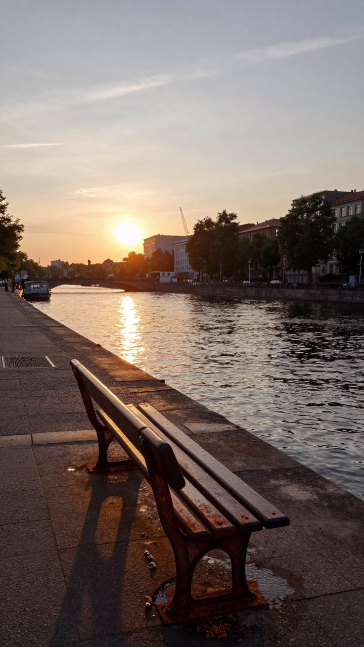 Sunset over Berlin Spree Canal with Rusty Bench and Urban Riverbank Details in in Berlin, Germany