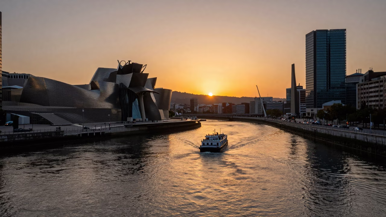 Sunset Over Bilbao Nervion River with Guggenheim Museum and Local River Traffic in in Bilbao, Spain