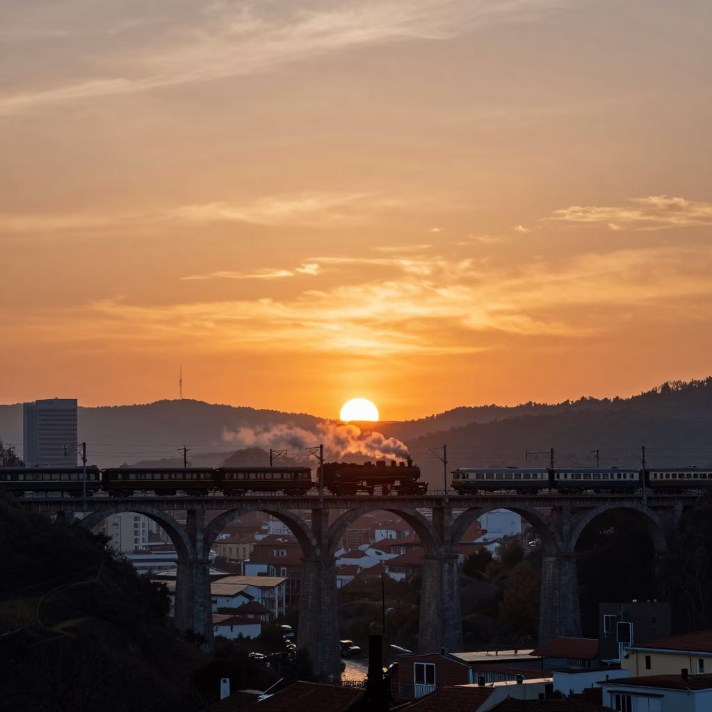 Sunset over Bilbao Railway Viaduct with Steam Train Crossing Arches in in Bilbao, Spain