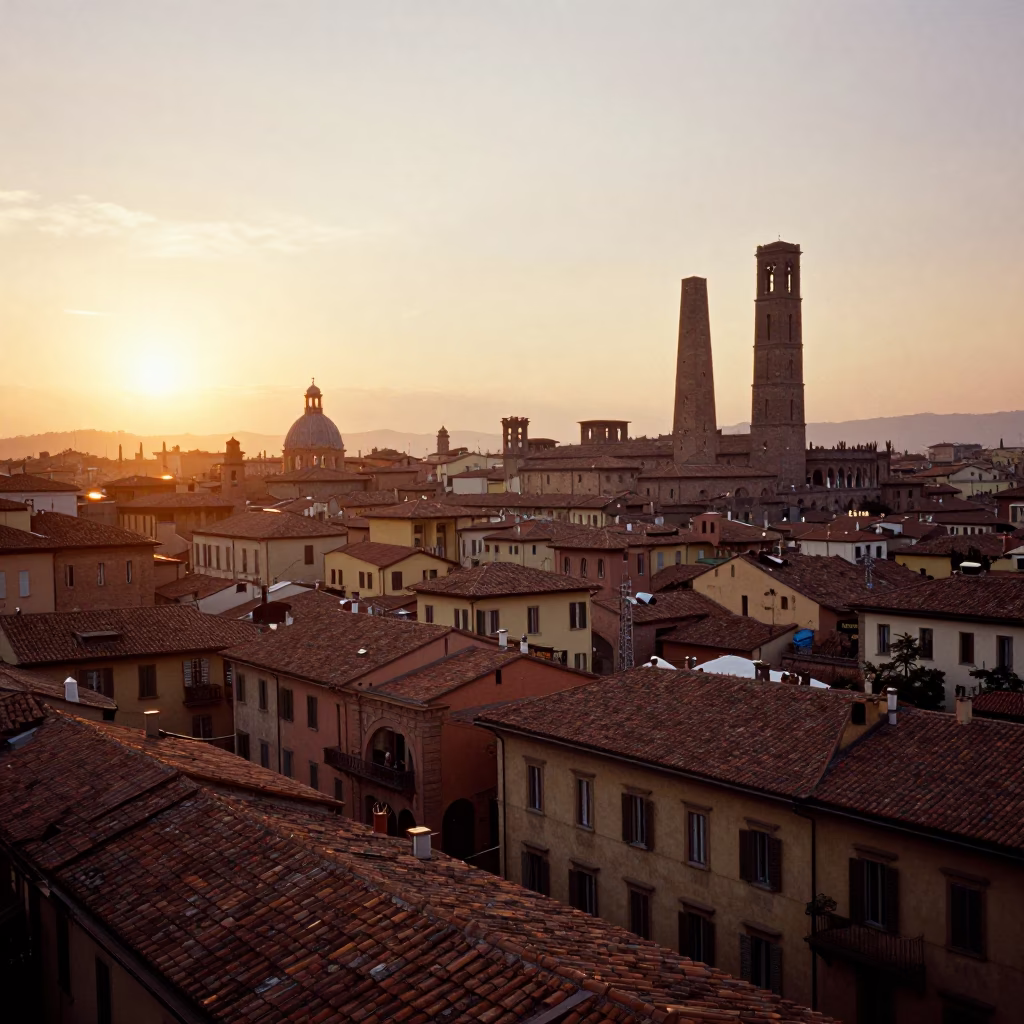 Sunset over Bologna Italy Rooftops and Historic Architecture with Colorful Evening Light in in Bologna, Italy